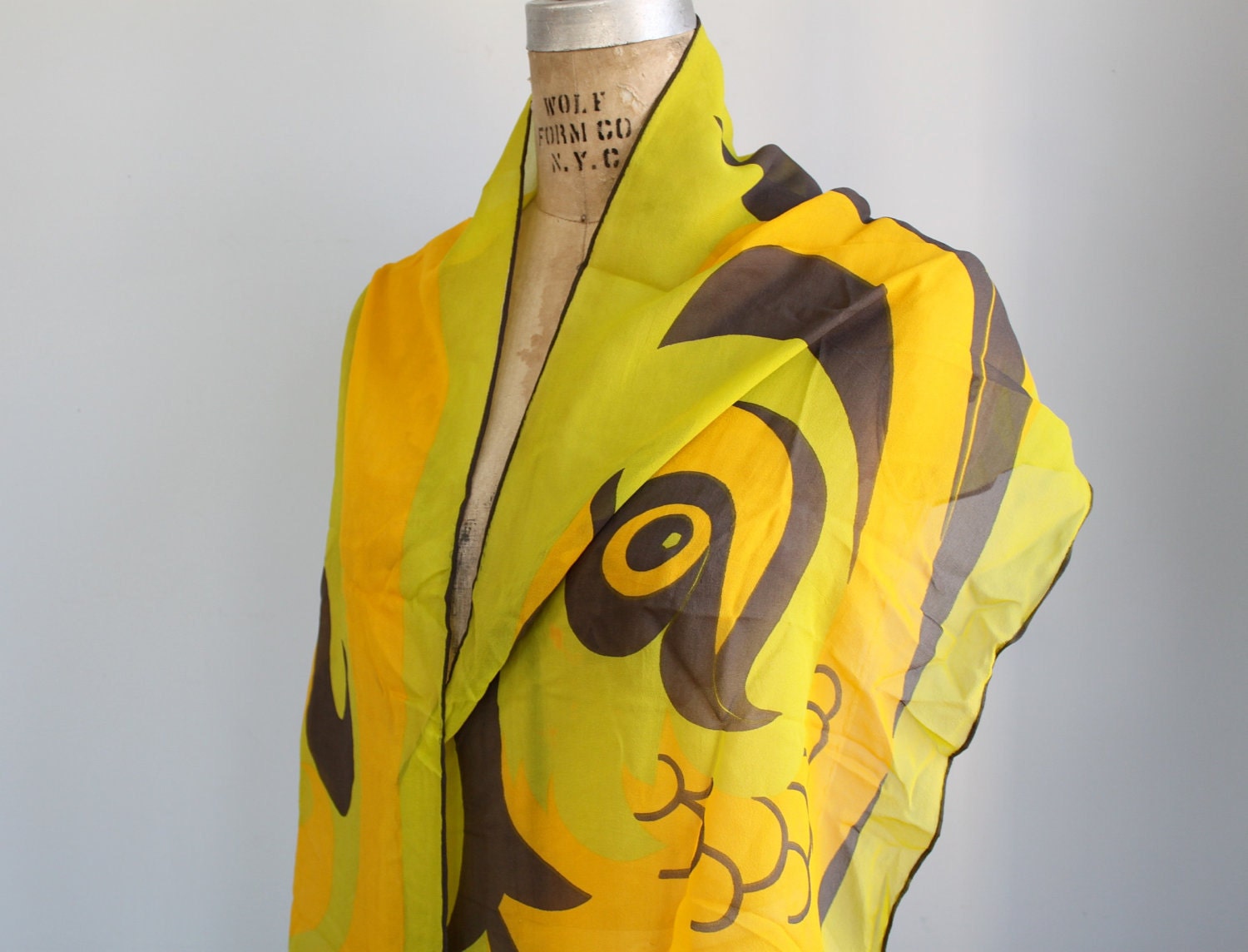 vintage 1970s silk chiffon scarf. SANT ANGELO logo oblong scarf. Gold, mango, lime. Leaping fish. Mint, collectible.