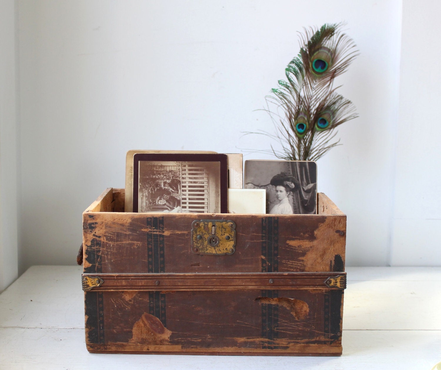 Antique 1800s doll chest. Child's chest or document box. Papered wood. Victorian rustic primitive.