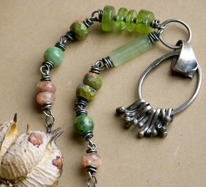 Sterling Silver, Peridot, Unakite, Chrysoprase, New Jade, Sunstone . Fringe Necklace