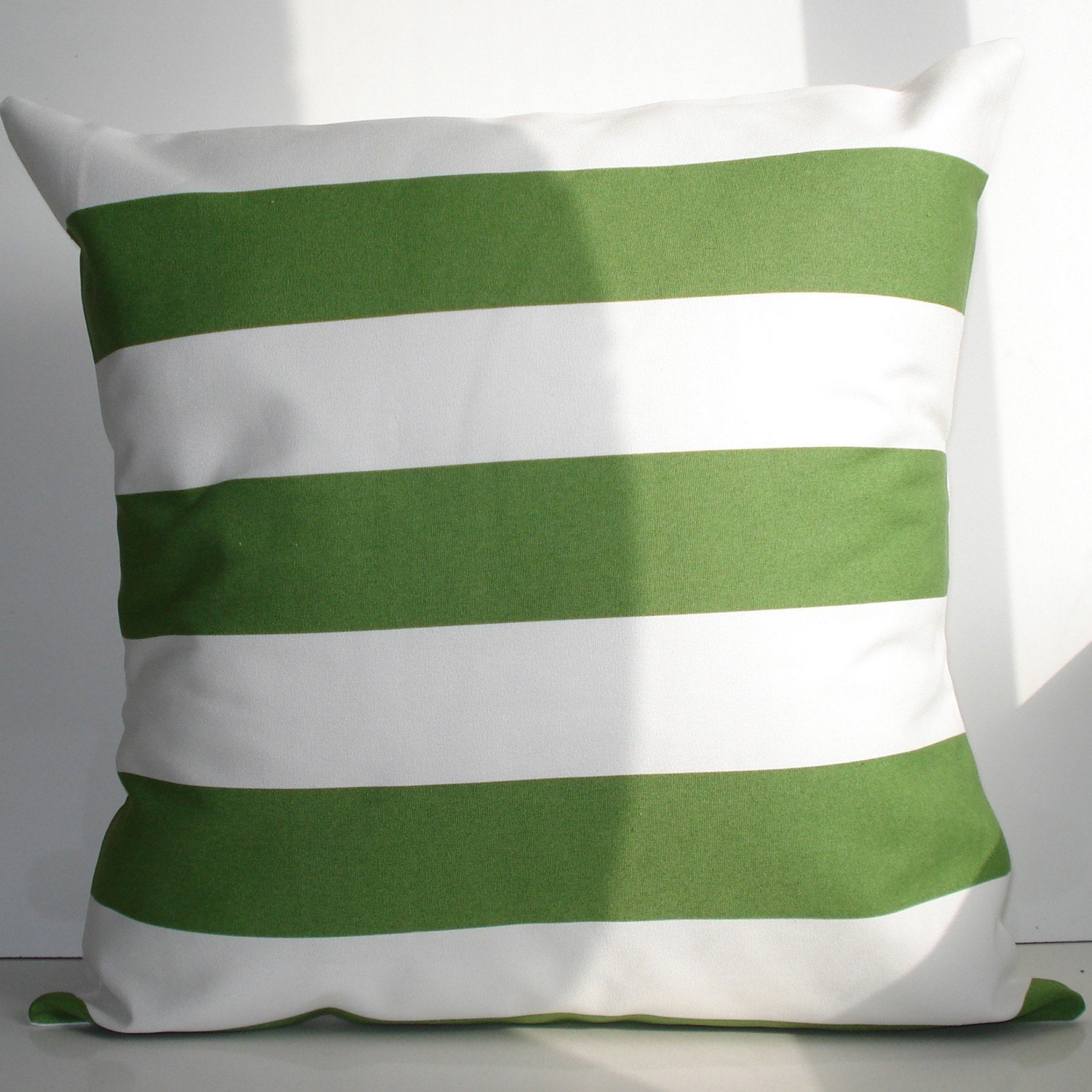 New 18x18 inch Designer Handmade Pillow Case in green stripe on white.
