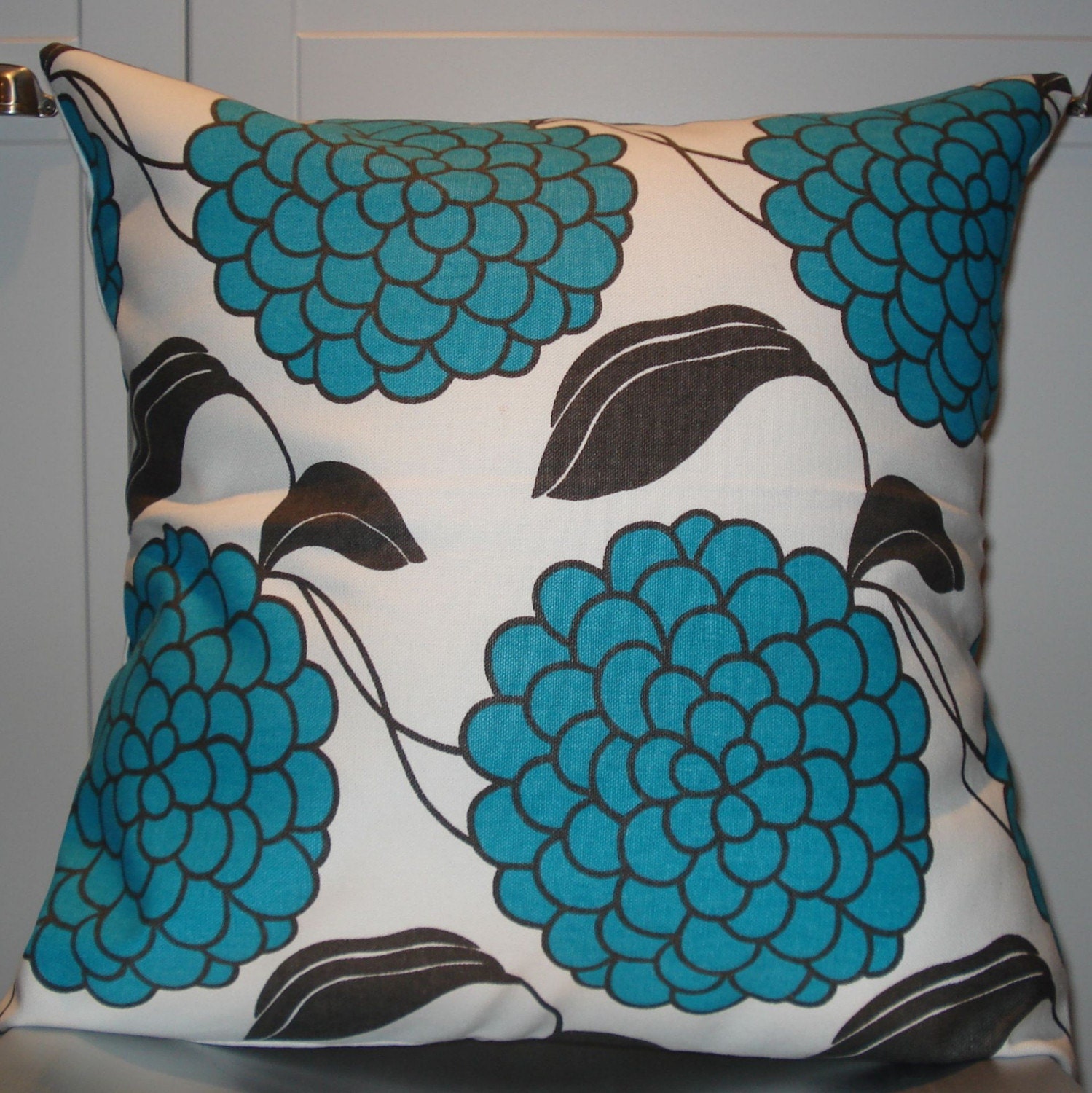 New 18x18 inch Designer Handmade Pillow Case in large blue flowers.