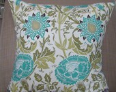 New 18x18 inch Designer Handmade Pillow Case in turquoise, dark brown, and two shades of green on cream.