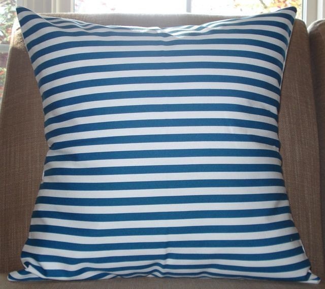 New 18x18 inch Designer Handmade Pillow Case in ink blue thin stripe on white.