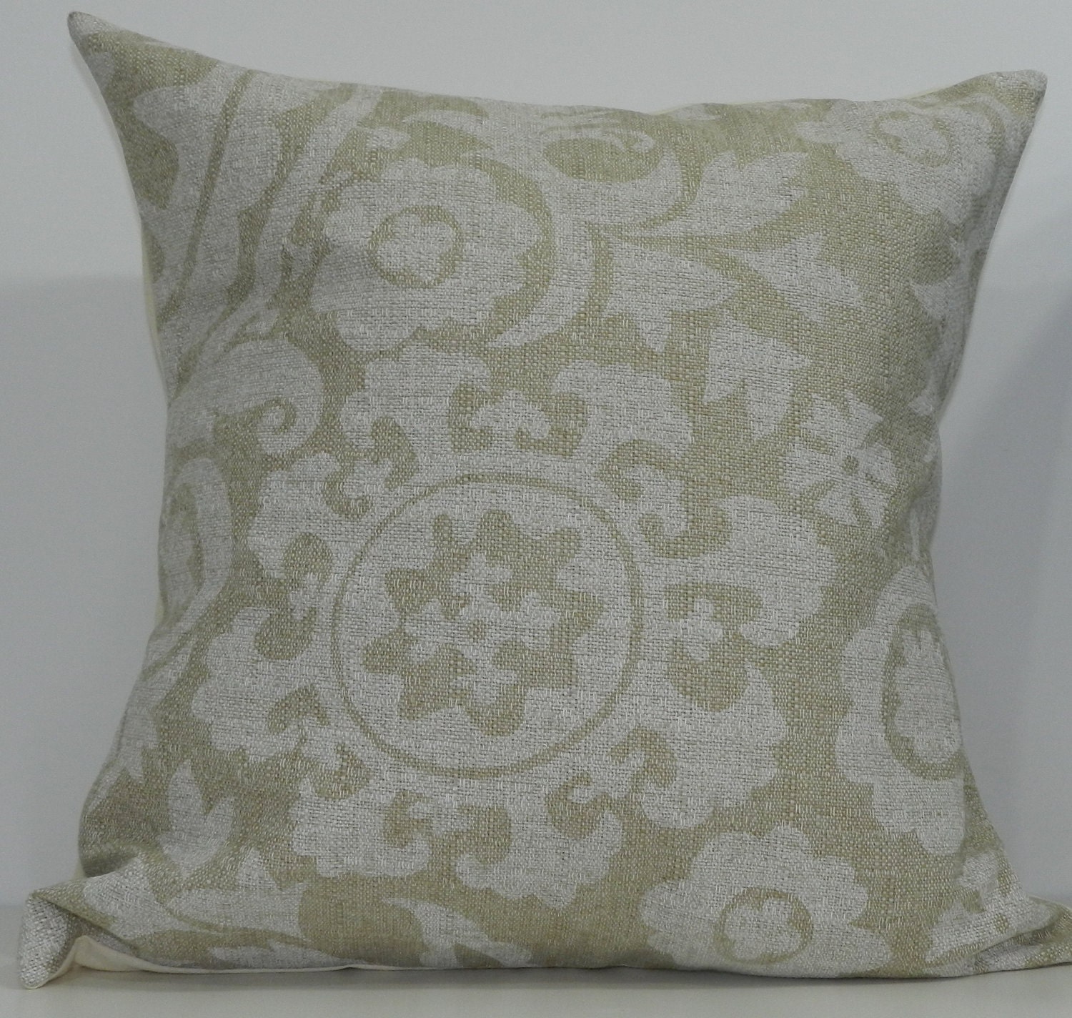 New 18x18 inch Designer Handmade Pillow Case. Suzani print in white on natural textured