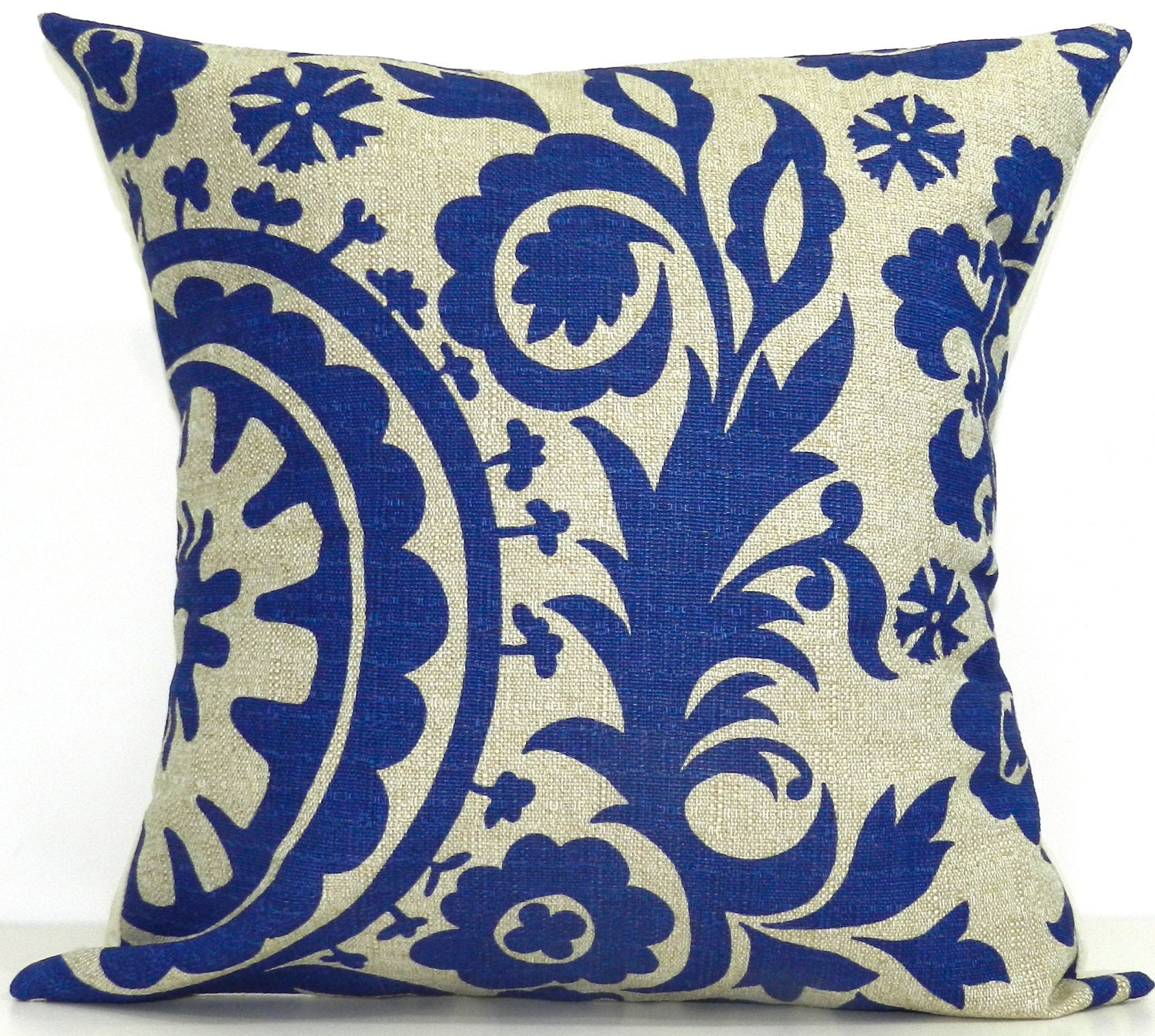 New 18x18 inch Designer Handmade Pillow Case in peacock and taupe suzani