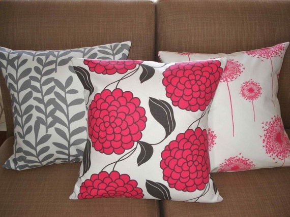 THREE New 18x18 inch Designer Handmade Pillow Cases in fabric PINK and GREY.
