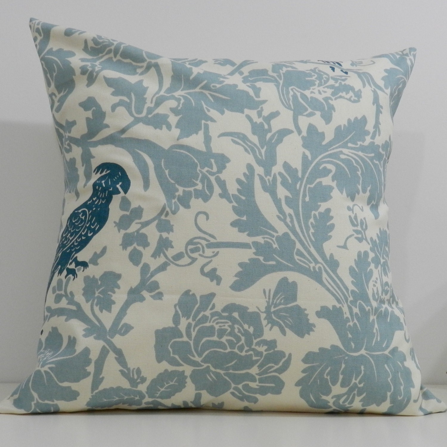 New 18x18 inch Designer Handmade Pillow Case. blue flora, blue bird, cream background.