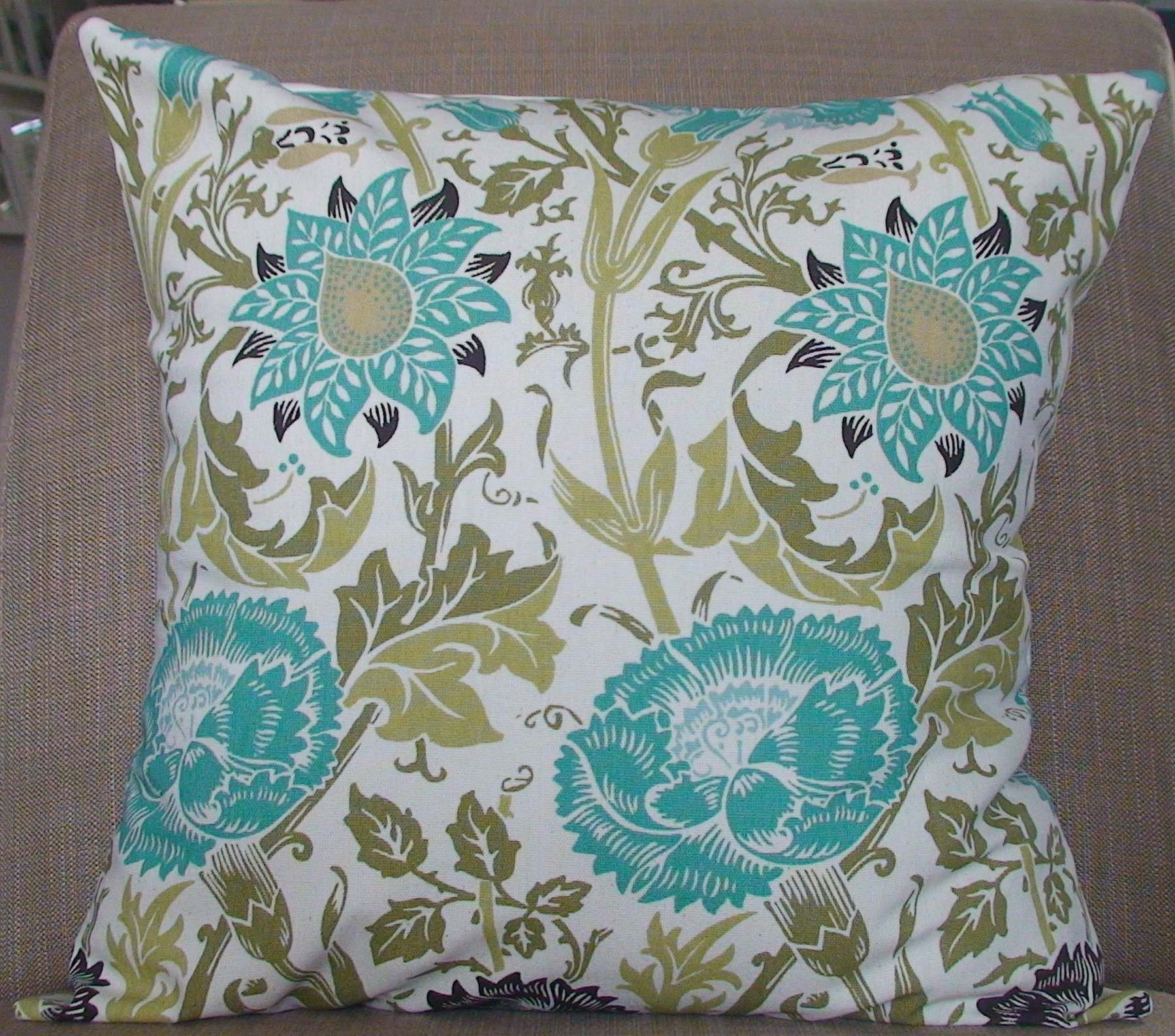 New 18x18 inch Designer Handmade Pillow Case in turquoise, dark brown, and two shades of green on cream.