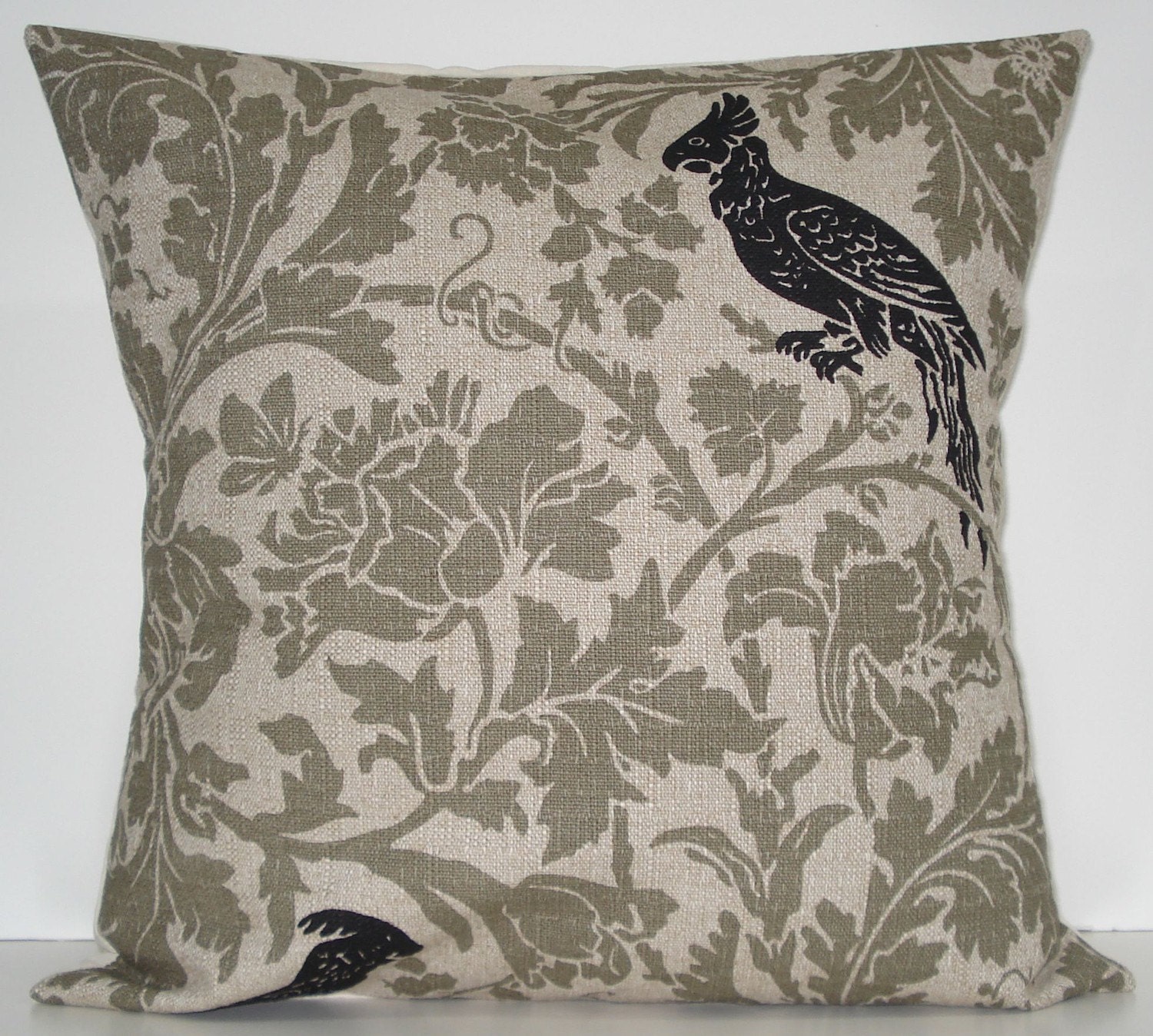 New 18x18 inch Designer Handmade Pillow Cases in black and green grey floral and bird textured fabric.