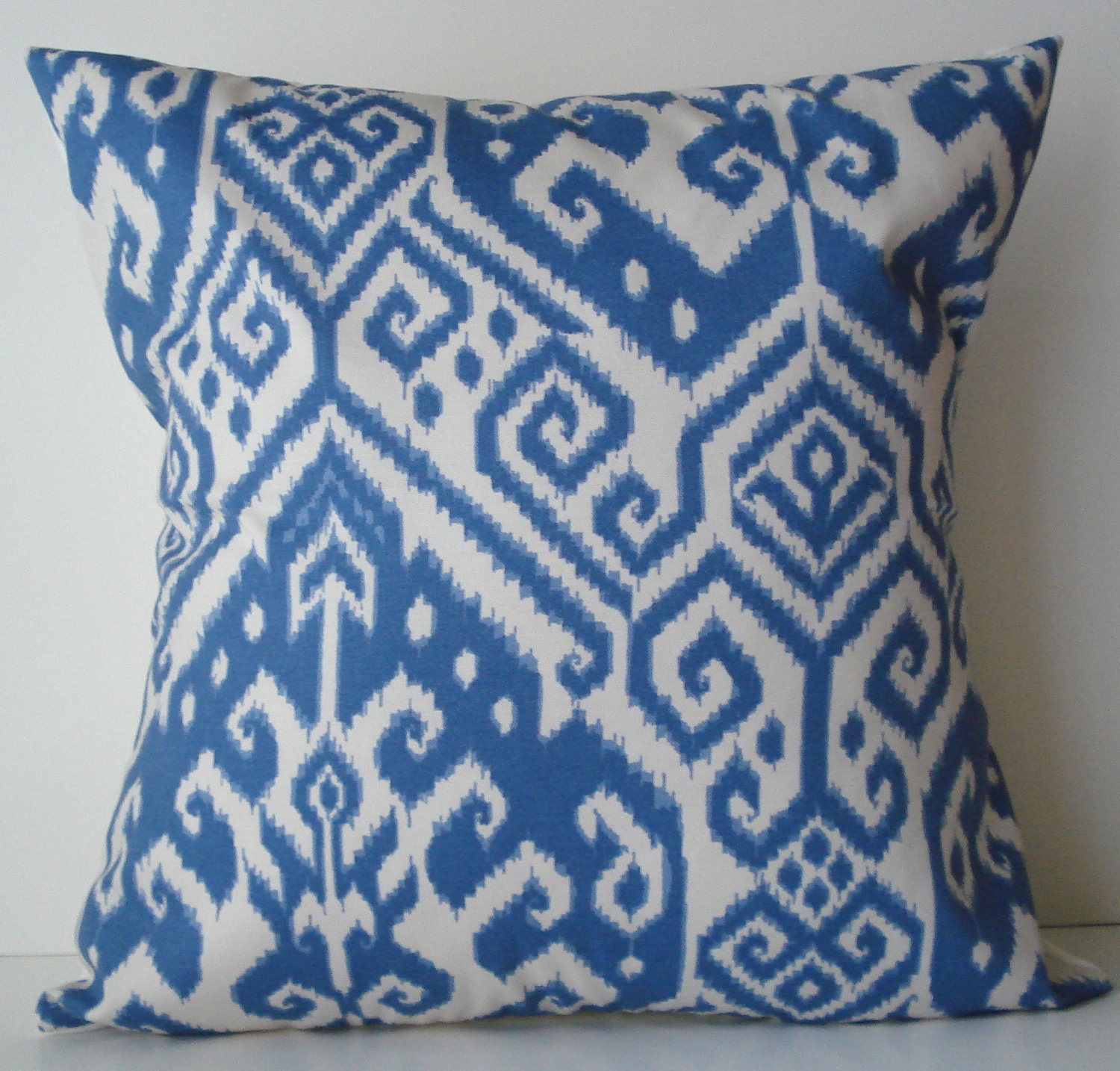 New 18x18 inch Designer Handmade Pillow Case in blue and white ikat