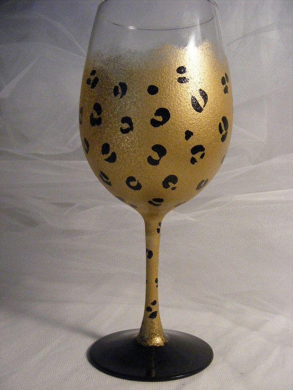 painted gold leopard wine glass or glasses can by DelightfulFinds