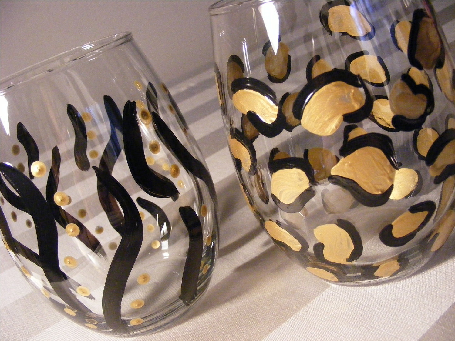 stemless wine glasses in leopard and zebra print
