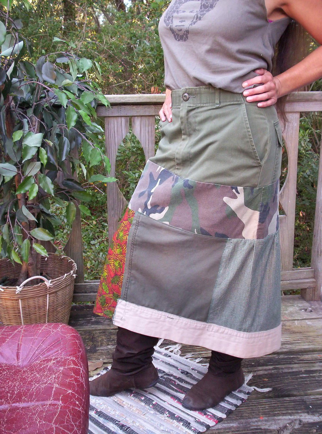 Mega SaLe UPCYCLED PATCHWORK SKIRT Rasta Army Style Camouflage