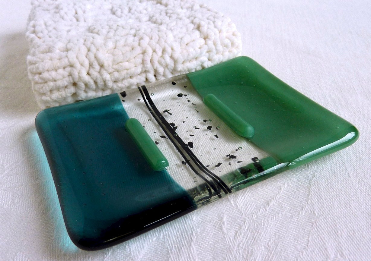 Sea Blue and Mineral Green Glass Soap Dish