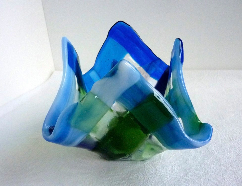 Glass Votive Candle Holder in Blues and Greens