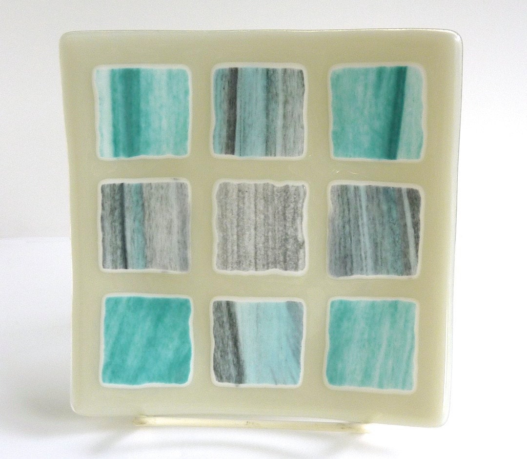 Fused Glass Art Plate in Shades of Aqua and Gray
