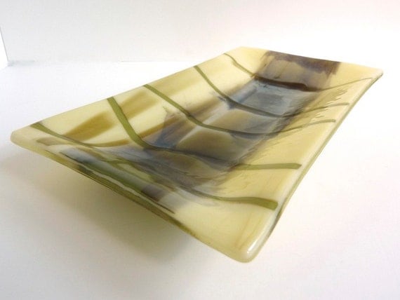 Rectangular Fused Glass Dish in French Vanilla, Brown and Aqua