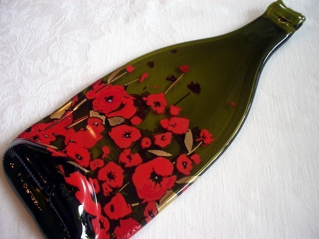 Slumped Wine Bottle Cheese Plate with Red Flowers