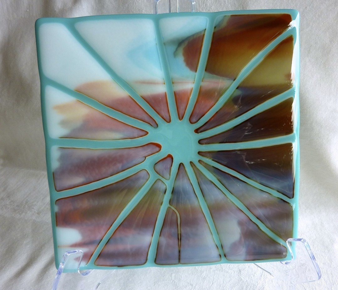 Fused Glass Art Plate in Turquoise, Brown, and White