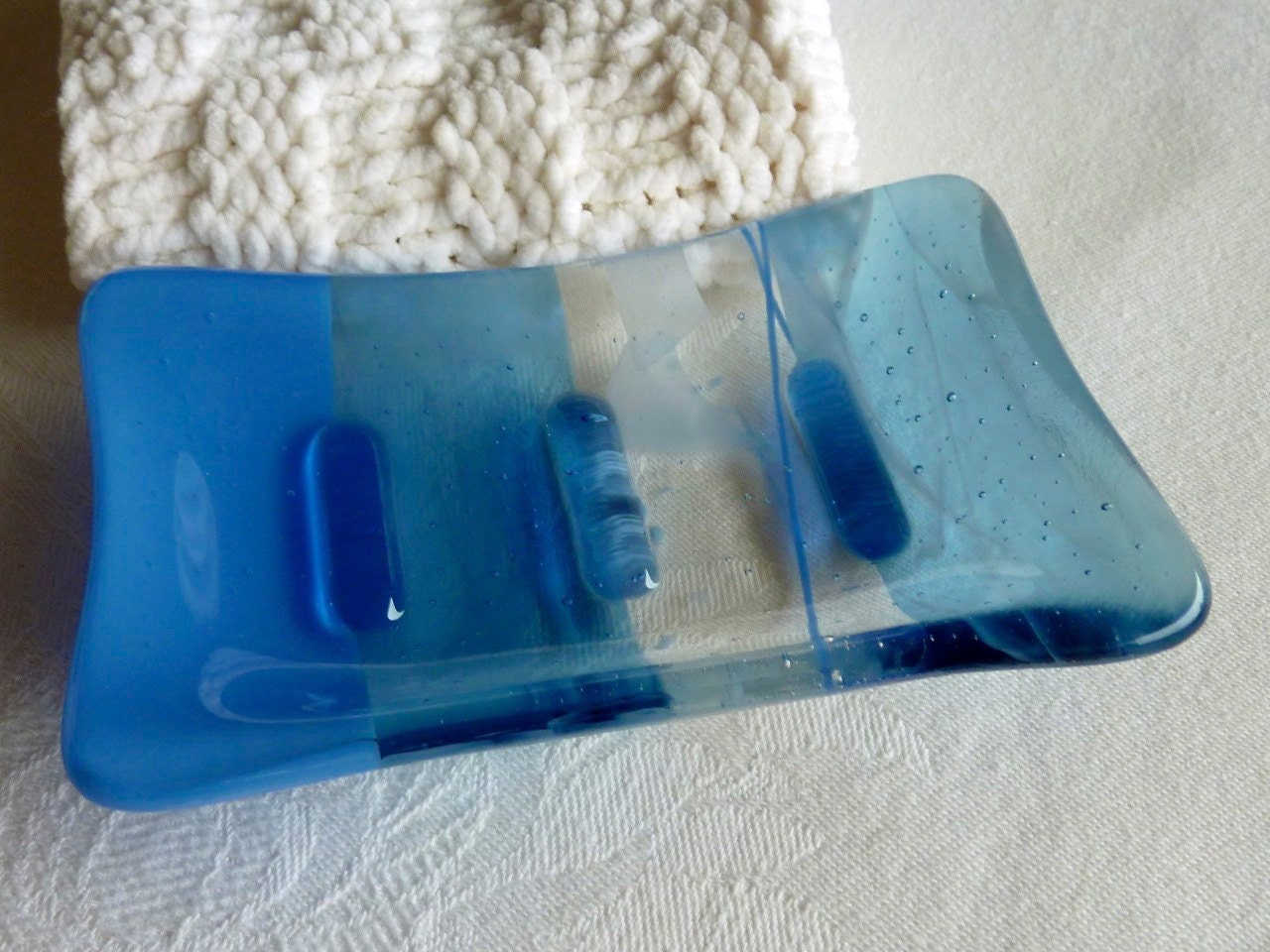 Glass Soap Dish in Periwinkle and Streaky Steel Blue
