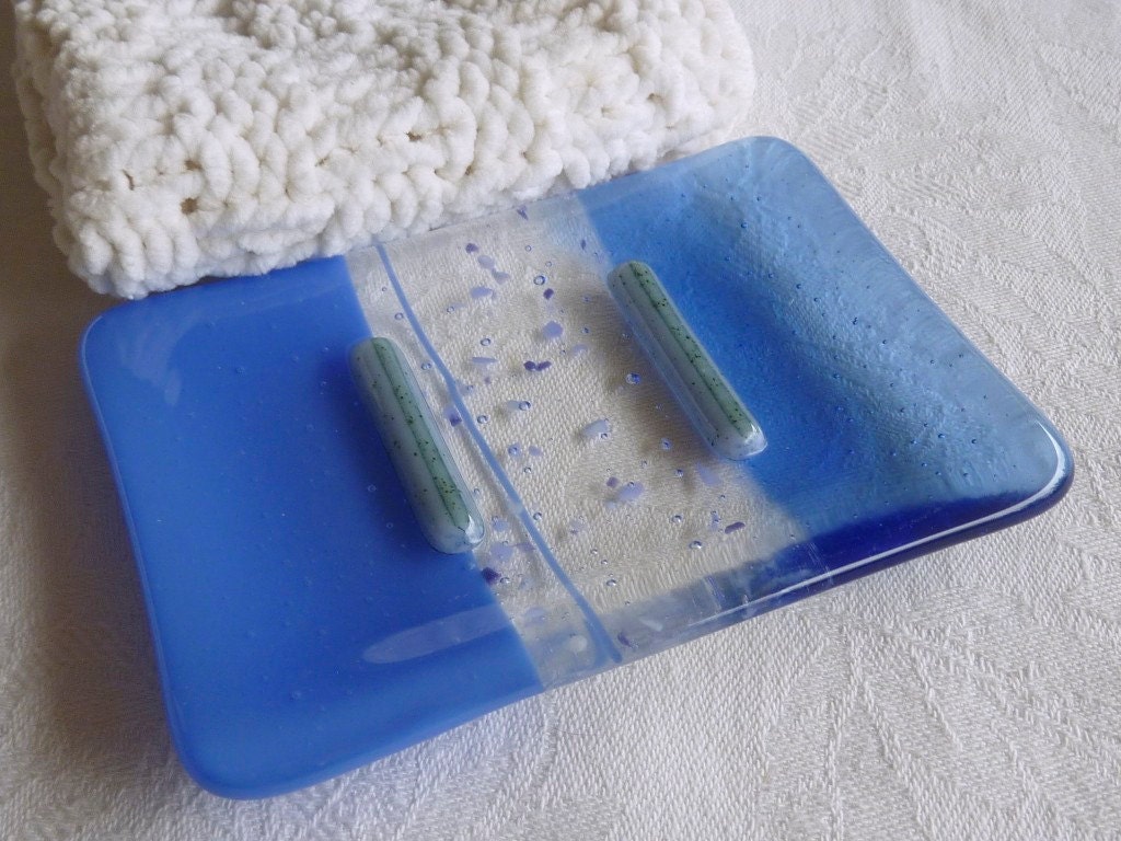 Glass Soap Dish in Periwinkle and Light Blue