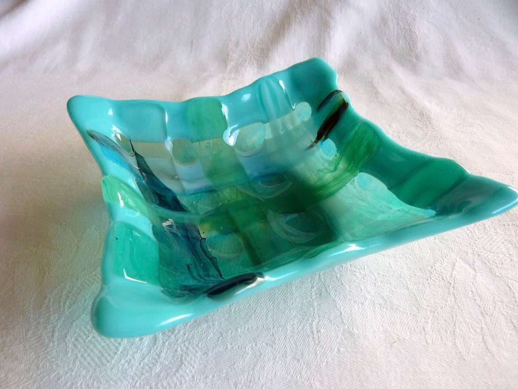 Fused Glass Dish in Woven Strips of Turquoise and Aqua