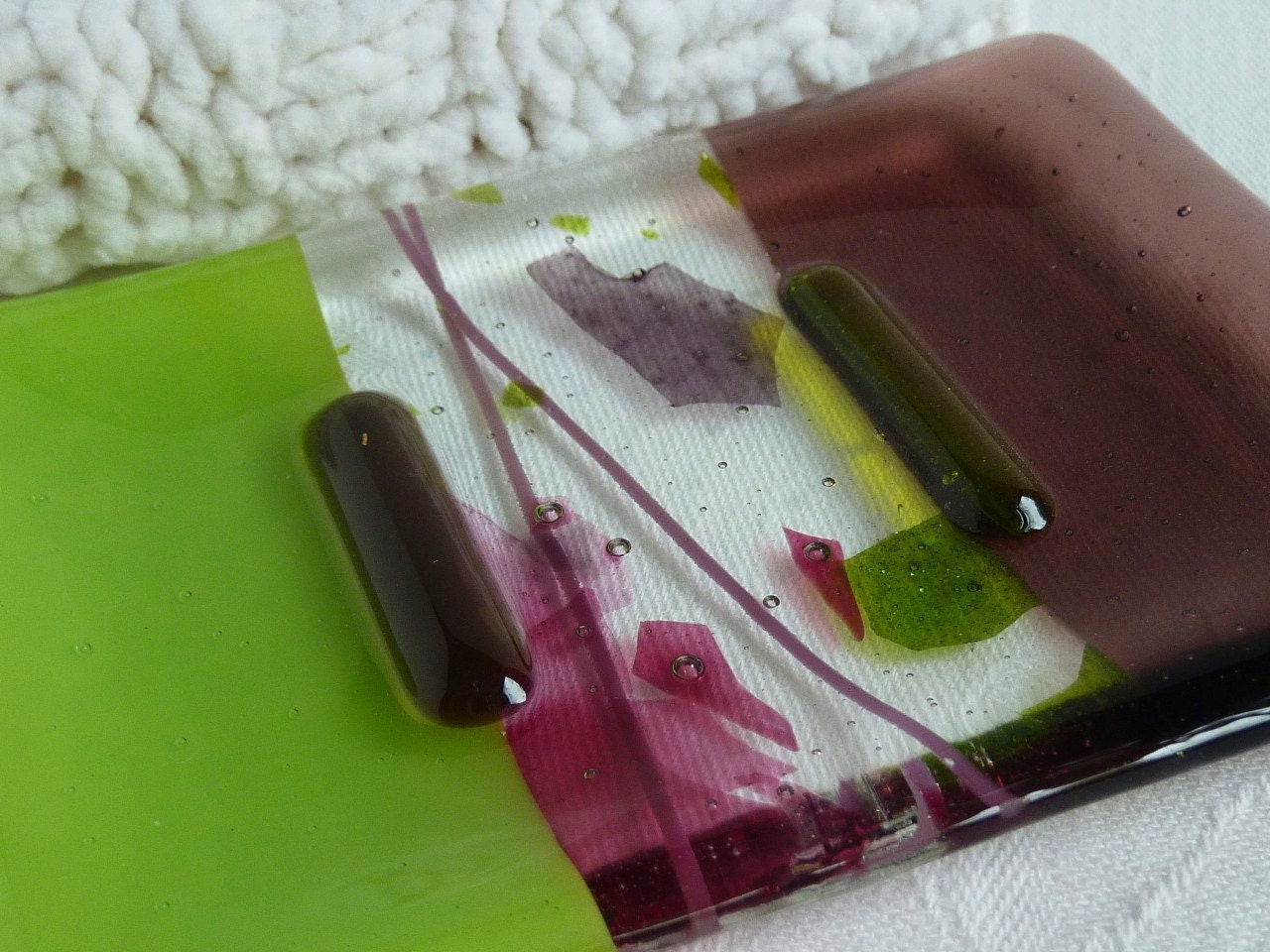 Glass Soap Dish in Spring Green and Violet