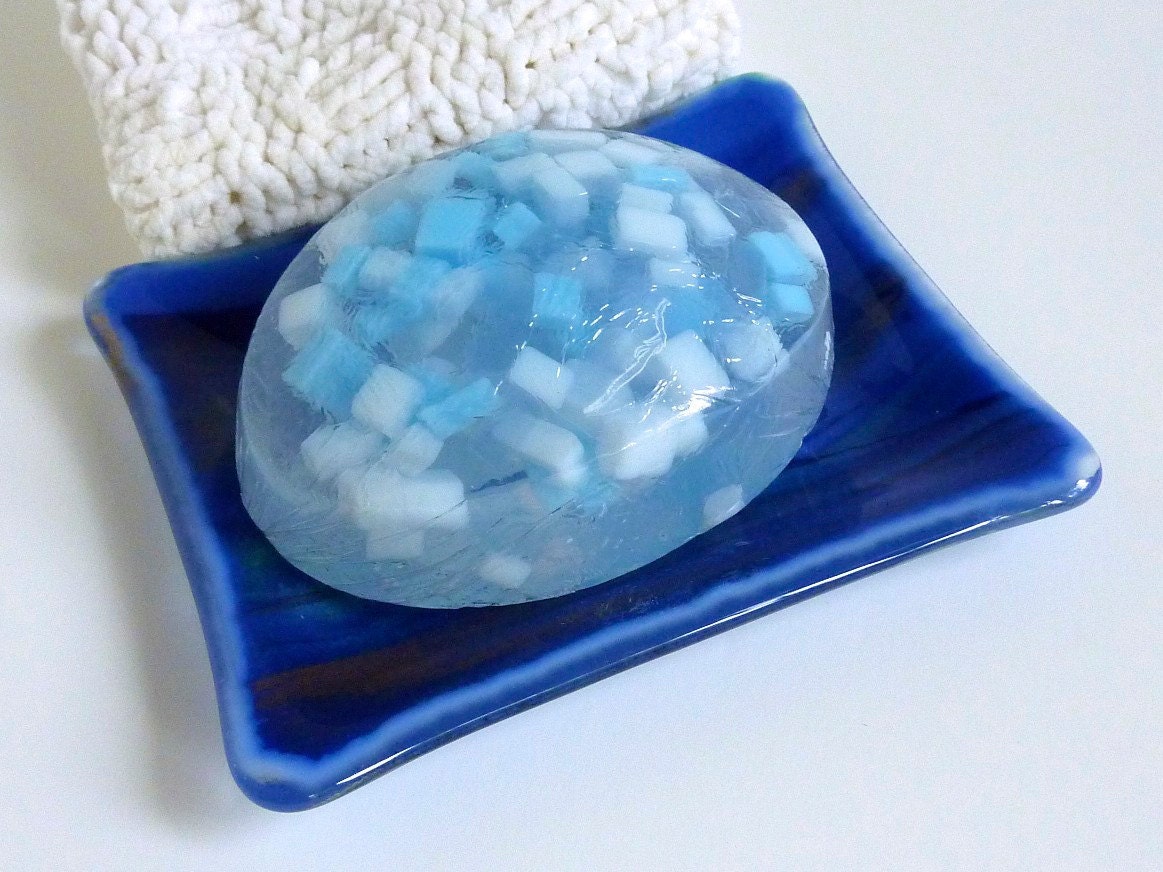 Large Soap Dish in Streaky Blue Glass
