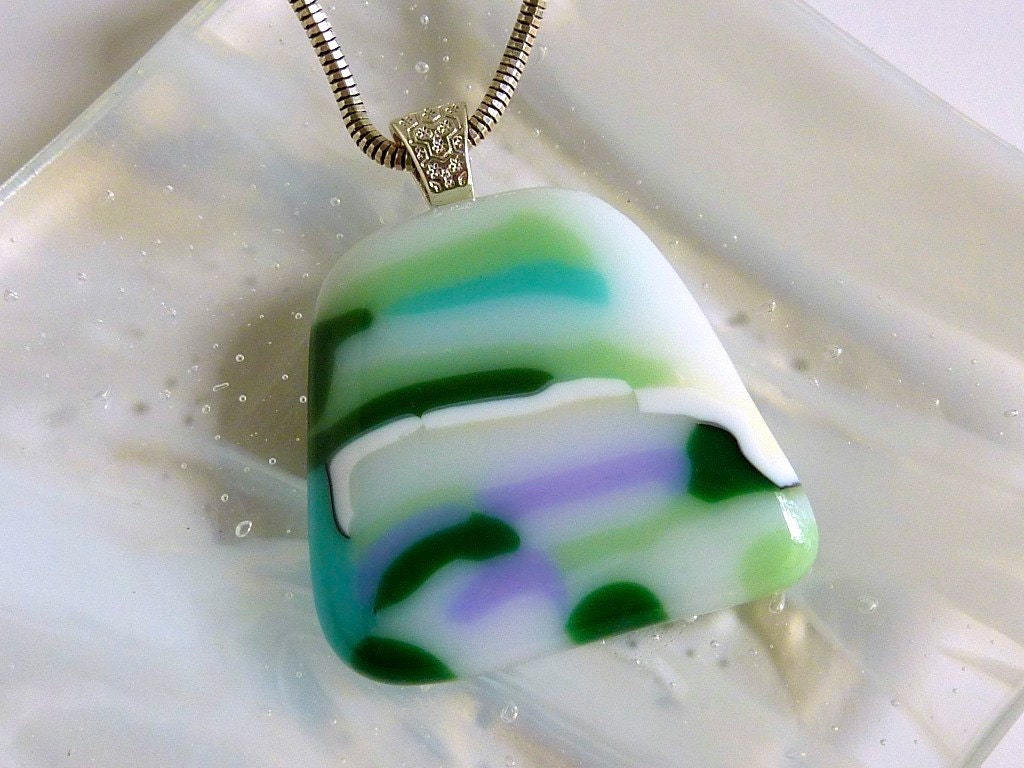 Fused Glass Pendant in Mint Green, White and Forest Green