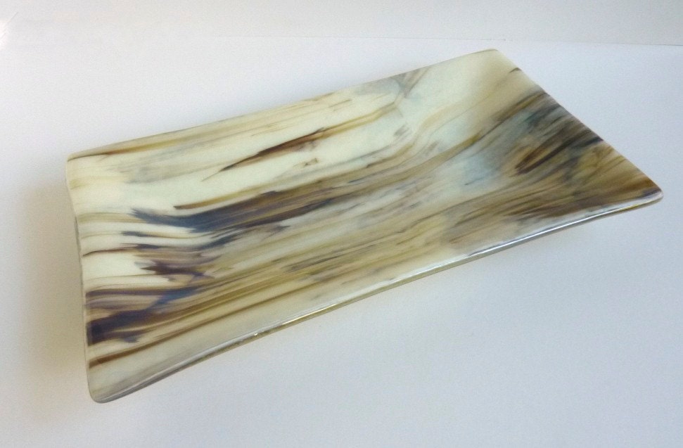 Rectangular Fused Glass Dish in French Vanilla and Brown