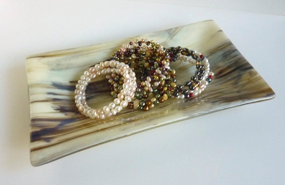 Rectangular Fused Glass Dish in French Vanilla and Brown