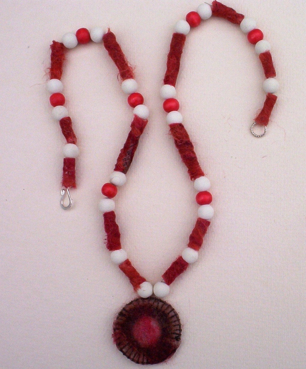 Red Fiber Necklace w  fiber on antiqued metal round wire copper pendant