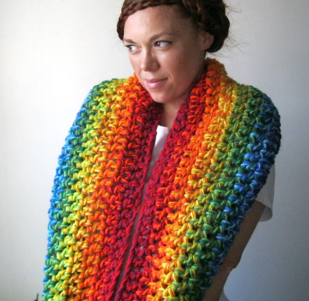 Double Rainbow Circle Scarf. Extra Chunky Infinity Cowl.