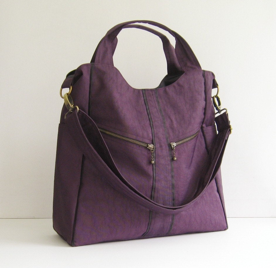 Sale - Water-Resistant Nylon in Deep Plum - diaper bag, messenger bag, laptop, tote, zipper - ALLISON