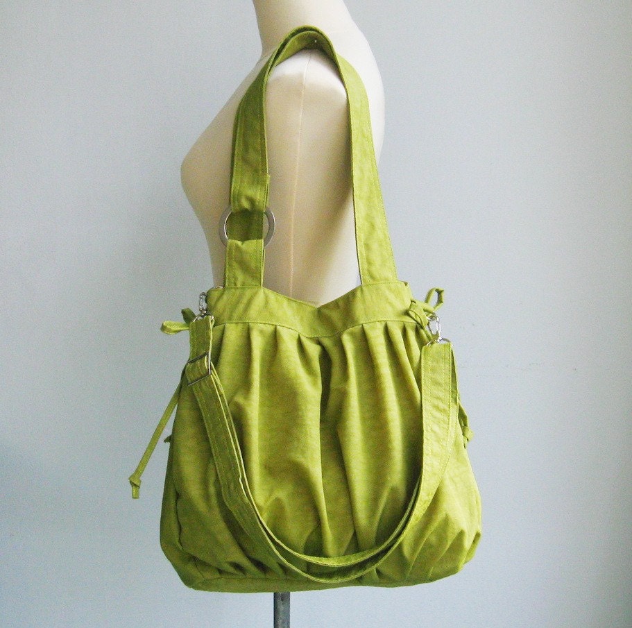 Sale  - Water Resistant Nylon Pumpkin Bag in Apple Green - Shoulder bag, Diaper bag, Messenger, Tote, Travel, Women