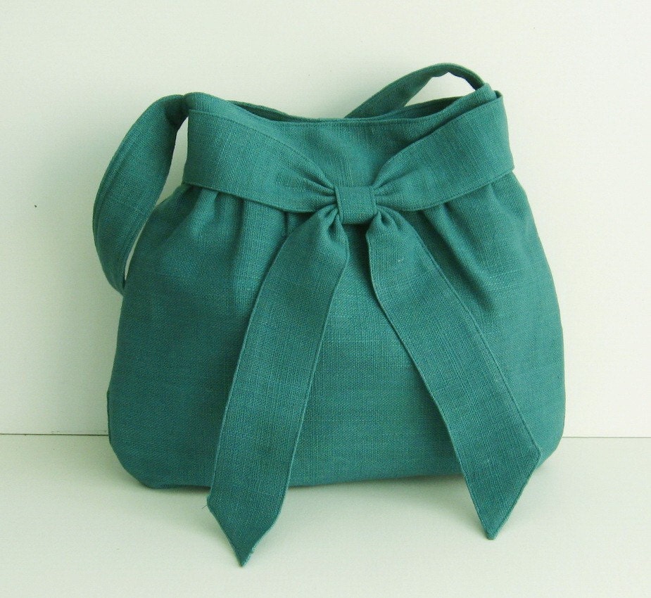 Sale - Teal Hemp/Cotton Bag, tote, purse, messenger, work, everyday bag, bow, hemp - AMY