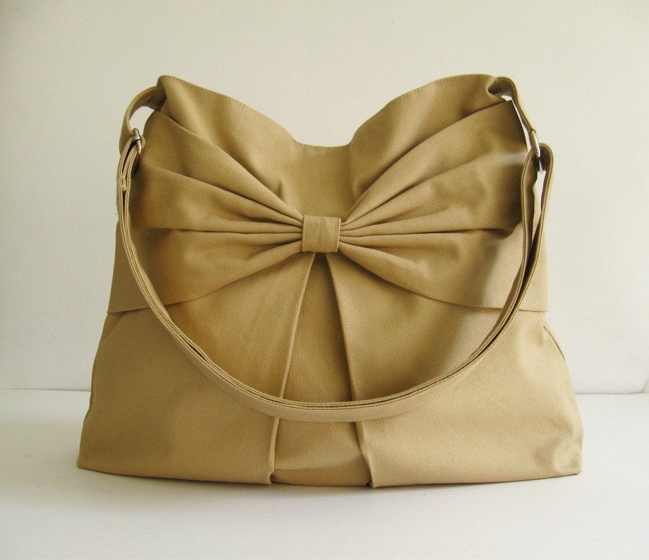 Sale - Khaki Canvas Bag, purse, tote, messenger bag, hobo, bow, cute, stylish - Martha