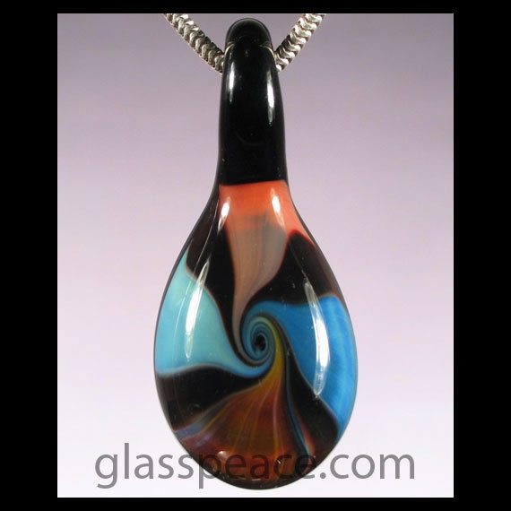 Blue Pink and Black Glass Spiral Pendant - Boro Focal Bead - Hand Blown Glass Jewelry (2865)