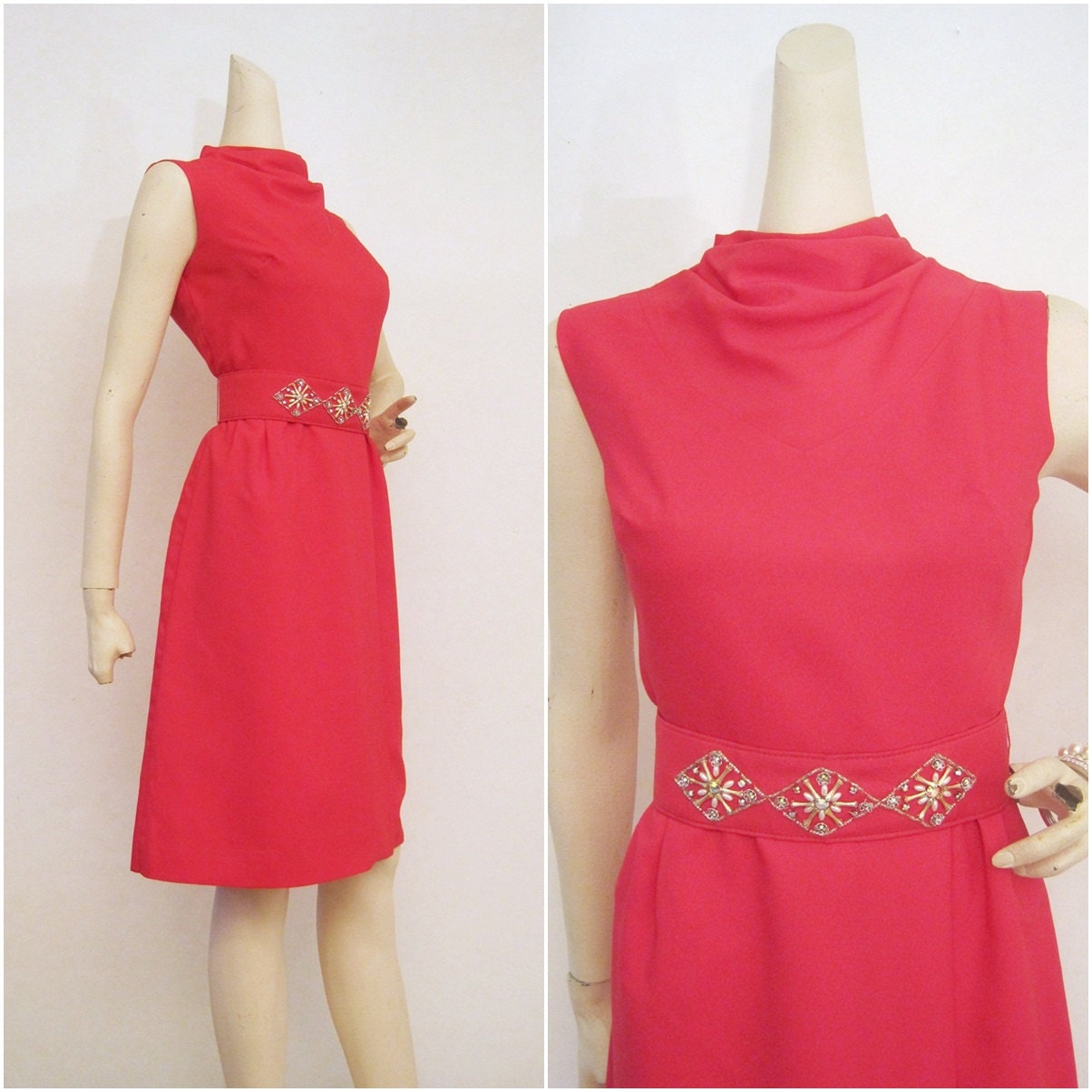 60s 70s Dress Vintage Hot Pink Cowl Neck Jeweled Belt Cocktail Party M