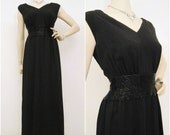 60s Gown Vintage Black Crepe with Beaded Waistline Evening Formal Miss Bonwit S