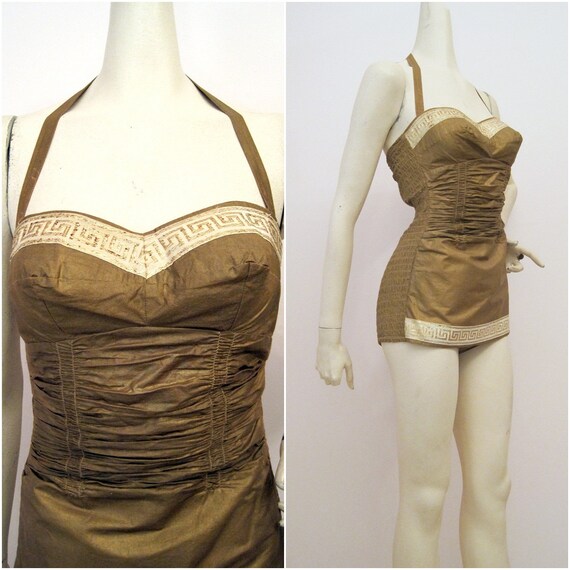 50s Swimsuit Vintage Pin-up Greek Goddess Bathing Suit S M