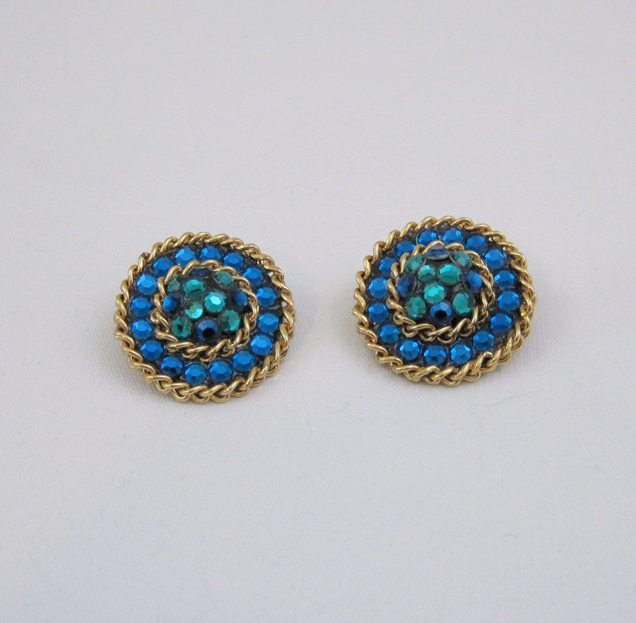 50s 60s Earrings Vintage Rhinestone Blue Green Gold Clip ons