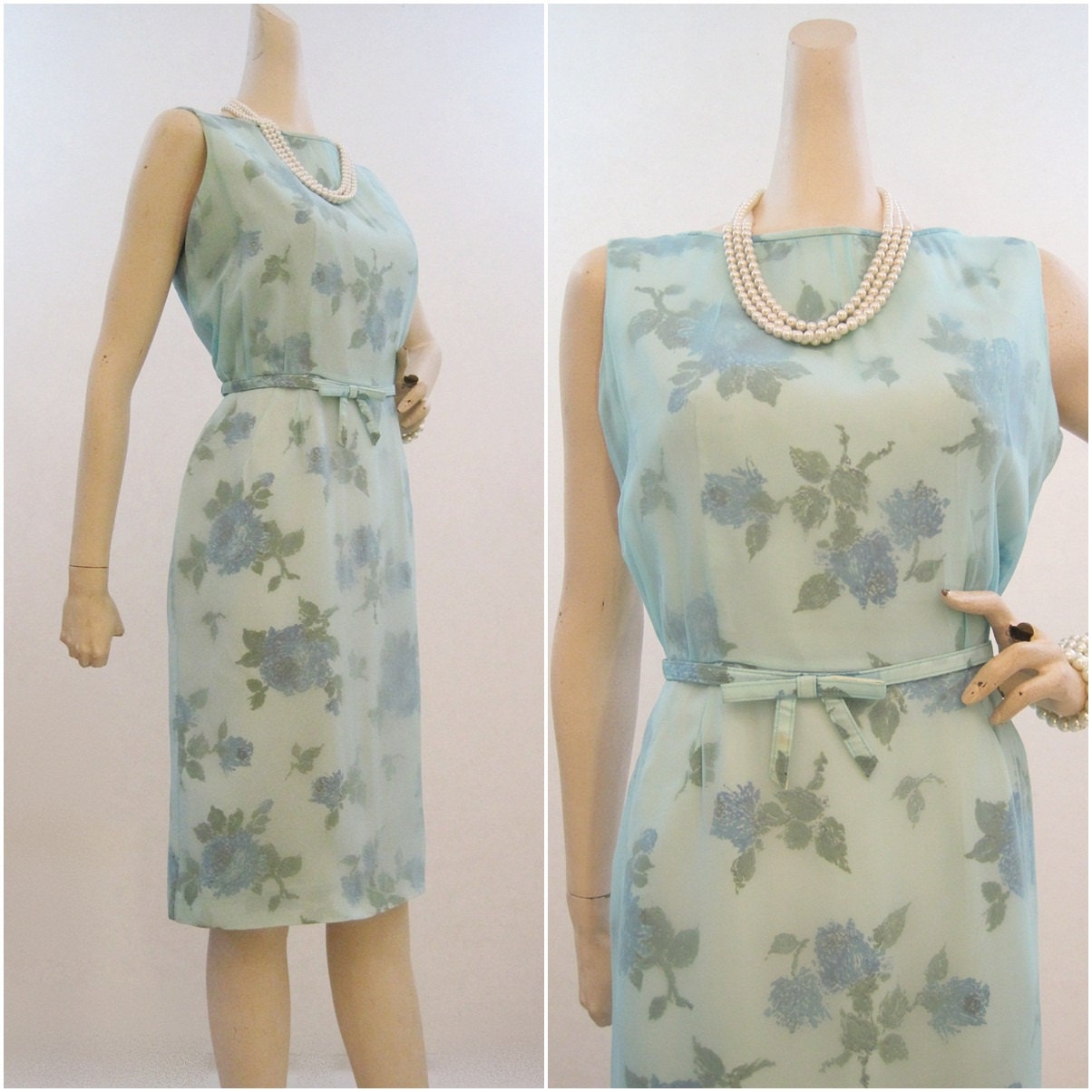 60s Dress Vintage Rose Print Rayon and Chiffon Wiggle Cocktail Sheath L XL
