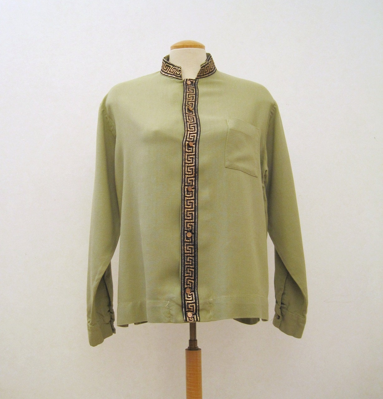 60s Shirt Vintage Mens Lancer Nehru Collar Rayon Shirt M L