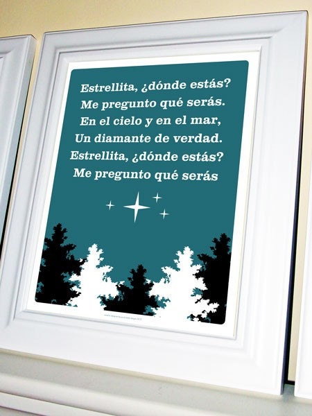 Spanish Nursery Rhyme Poster, Estrellita (Twinkle Twinkle Little Star ) 11 X 14, Peacock Teal Blue
