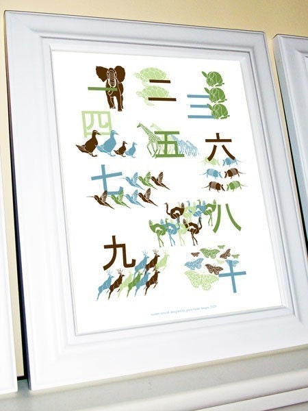 Chinese Numbers Print 8 X 10 with Animal Silhouettes, Dark Green/Light Green/Blue/Brown