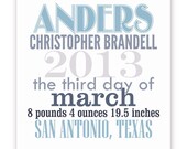 Birthdate Poster for Boy in Lullaby Blues and Greys - Personalize with Birth Details, 11 X 14