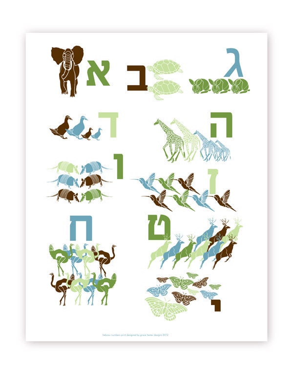 Modern Hebrew Numbers Print 11 X 14 with Animal Silhouette Shapes, Dark Green/Light Green/Blue/Brown palette