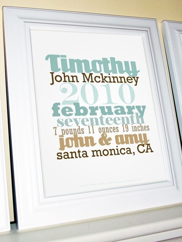 Custom Baby Birth Date Poster, Nursery Decor, Teal, Aqua, Brown, Khaki, Tan