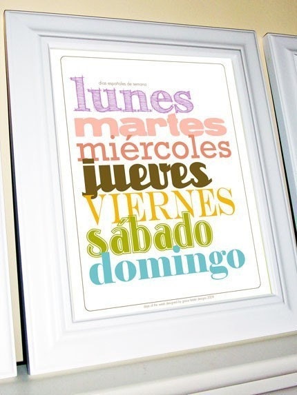 Spanish Days of the Week (Dias espanoles de semana) 11 X 14 Print